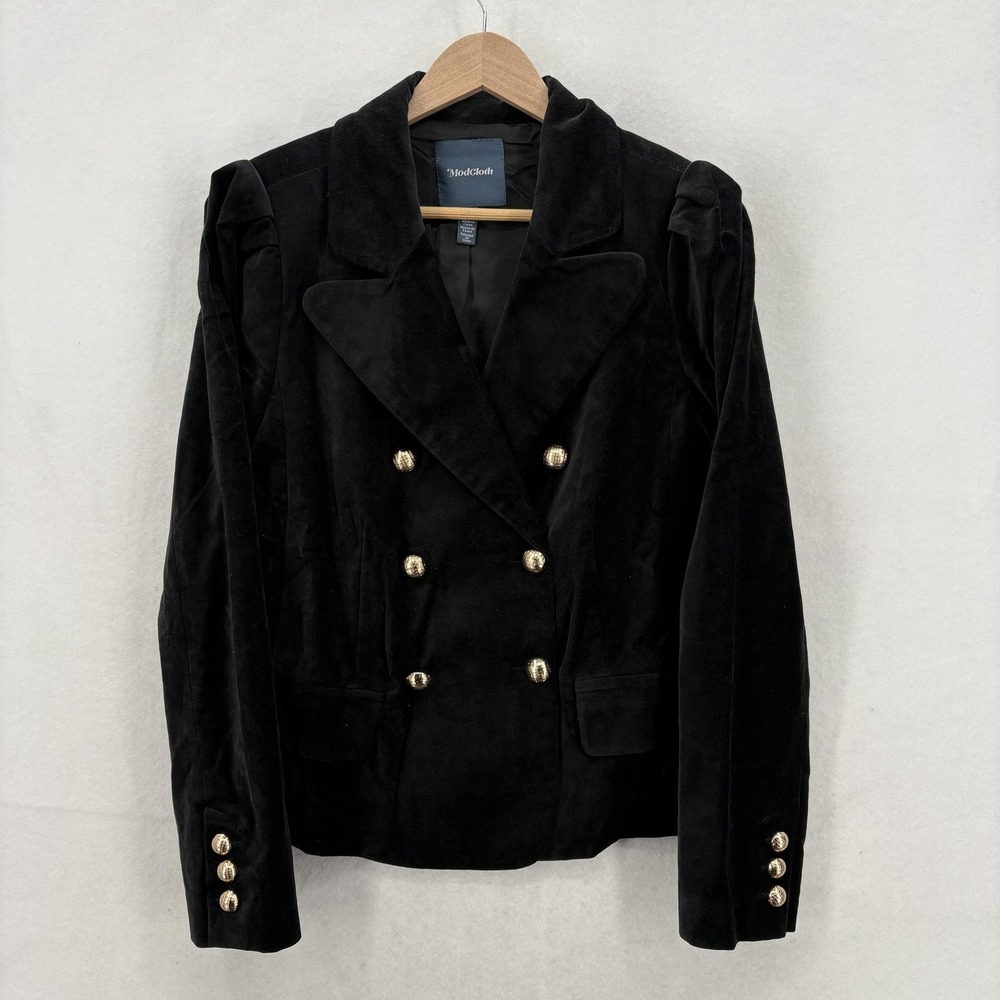 ModCloth Blazer Womens M Black Velvet Double Breasted Gold Button Tuxedo Jacket